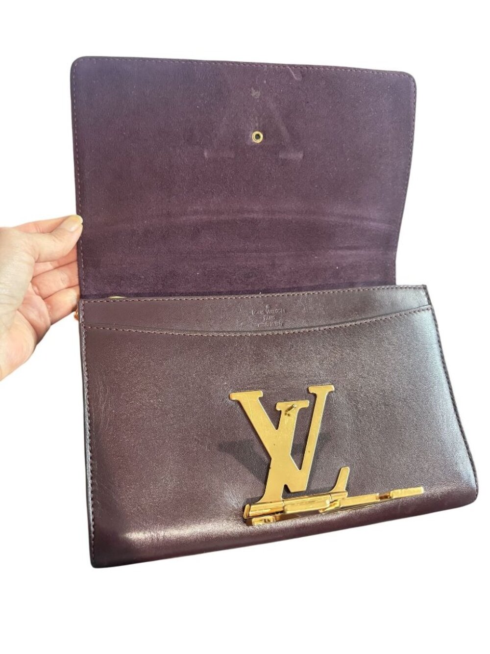 Louis Vuitton Quetsche Box Calfskin Leather Chain Louise GM Clutch Bag in Eggpla - Picture 12 of 13